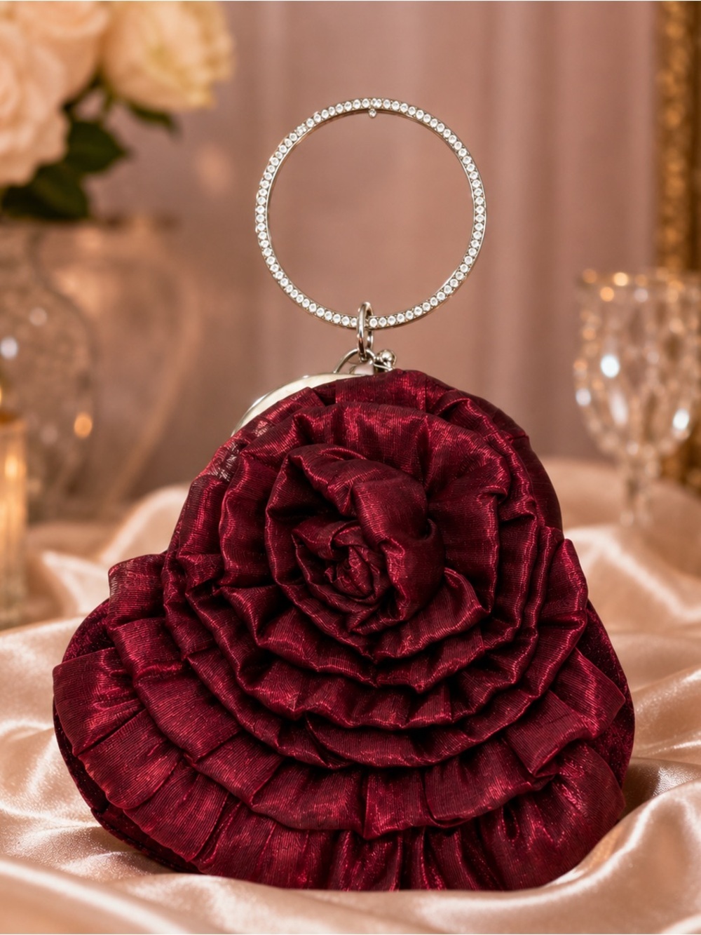 Helen Heart Wine Burgundy Rhinestone Ring Wristlet Evening Bag NWT